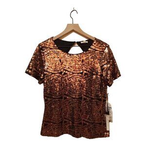 S.C. Society NWT Scoop Neck Short Sleeve Rose Gold Sequin Blouse Sz M